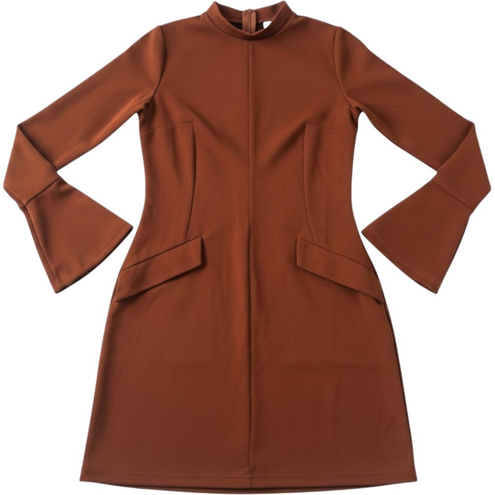 Rust Orange Mock Neck Bell Sleeve Mini Dress with Pocket Detail S